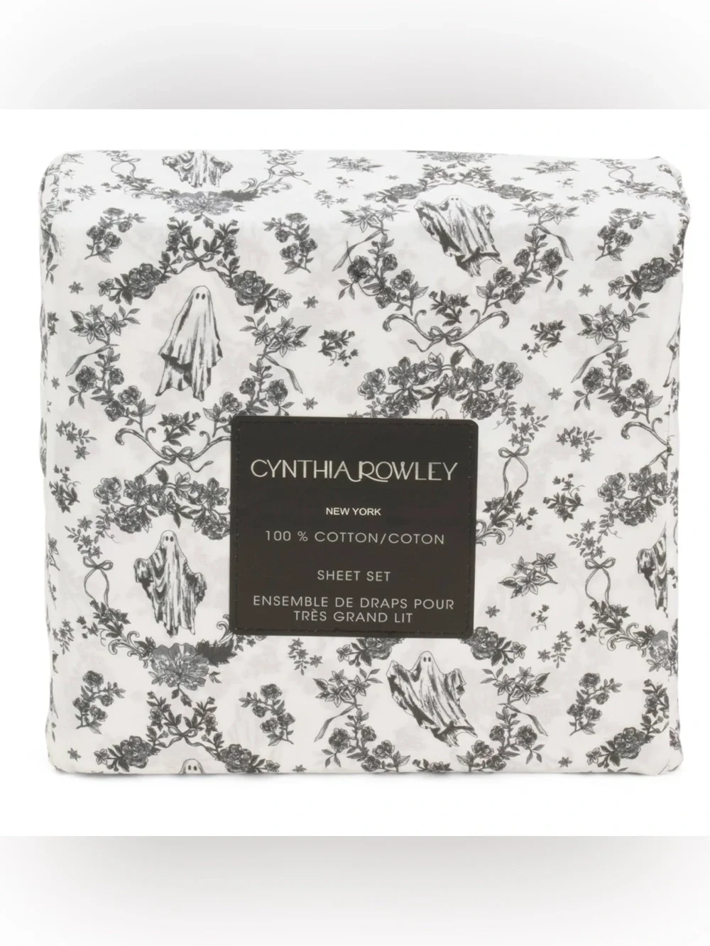 Cynthia Rowley Halloween Black & White Ghost Toile FULL‎ Sheet Set VIRAL Bedding